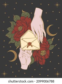 love letter, hands pass envelope, magic illustration, valentine's day