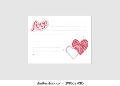 Love letter. Love handwritten lettering sticker, two hearts, lines to writing. Note or notebook page template. Write Template. Flat vector isolated. Romantic surprise for Valentine's Day, birthday.