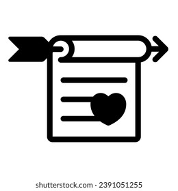 Love letter with heart and arrow solid icon, dating concept, romantic invitation vector sign on white background, glyph style icon for mobile concept and web design. Vector graphics