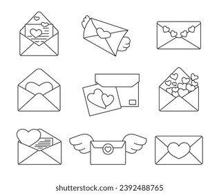 Love letter with heart. Coloring Page. Valentines Day. Envelope with message. Hand drawn style. Vector drawing. Collection of design elements.