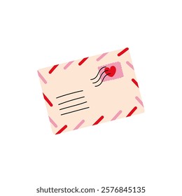 Love letter with heart design post stamp. Romantic greeting card for valentine's day with envelope, red heart shape. Wedding invitation vector illustration.