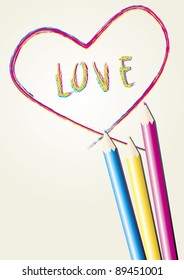 Love letter and Heart draw by three color pencil on paper