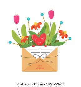 Love letter with heart and flowers. Envelope in craft paper. Romantic Valentine's day message. Modern vector flat illustration