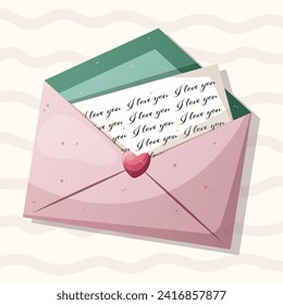 Love letter. Heart on an envelope. Vector illustration for Valentine's Day. Message: I love you. Mint and pink color.