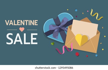 Love letter with heart, valentines day banner. Banner promotion, invitation card, vector illustration
