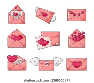 Love letter with heart. Valentines Day. Envelope with message. Hand drawn style. Vector drawing. Collection of design elements.