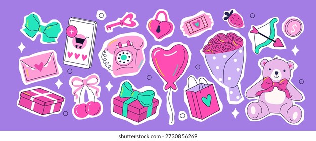 Love letter, hearts, gift boxes, cherry, teddy bear and other marketing vintage cutout elements. Valentines day hand drawn scrapbook stickers set.
