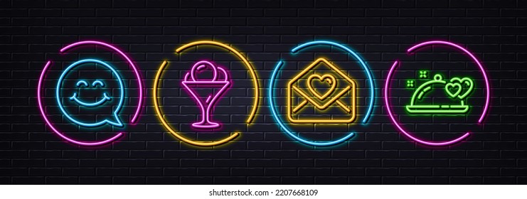 Letra de amor, Ice crema y sonrisa son iconos de línea mínimos. Luces 3d láser neón. Iconos románticos de la cena. Para web, aplicación, impresión. Corazón, Sundae en vidrio, Chat. La comida del restaurante. Vector