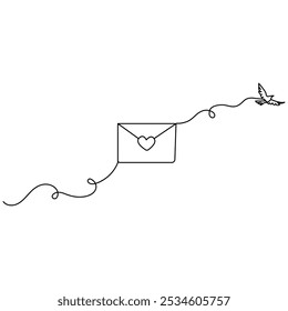 Icono de carta de amor continuo de una línea de dibujo de contorno de Ilustración vectorial de dibujo de sobre