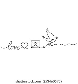 Love letter icon  continuous one line drawing  outline vector illustration envelope drawing