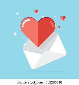 Love Letter Icon. Icon Email With Heard. Vector, Illustration, Flat. Blue Background, White  Envelope.