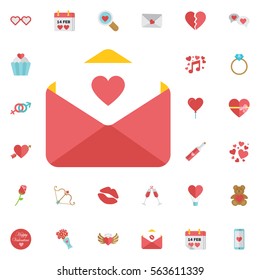 Love letter icon. Icon email with heard. Vector, illustration, flat. White background, red envelope. Set of Valentines icons