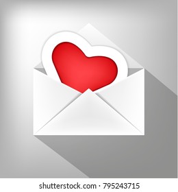 Love letter icon. Icon email with heart. Vector, illustration, flat. greybackground, white envelope.
