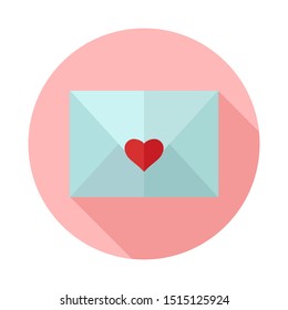 Love letter icon, envelope with a heart sign. Round flat icon on a white background