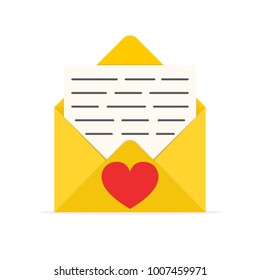 Love letter icon in a flat design. Vector illustration. Love letter with red heart, isolated on white background
