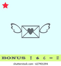 Love letter icon flat. Grey pictogram on blue background. Vector illustration symbol and bonus buttons medal, cow, earth, eye, calculator