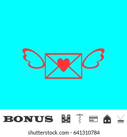 Love letter icon flat. Red pictogram on blue background. Vector illustration symbol and bonus buttons Music center, corkscrew, credit card, house, drum
