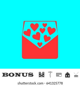 love letter icon flat. Red pictogram on blue background. Vector illustration symbol and bonus buttons Music center, corkscrew, credit card, house, drum