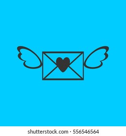Love letter icon flat. Simple vector black pictogram on blue background