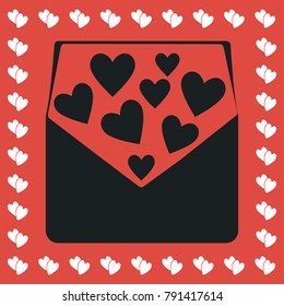 love letter icon flat. Simple black pictogram on red background with white hearts for valentines day. Vector illustration symbol