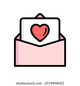 Love letter icon. Opened pink envelope with red heart. Valentine, romance, celebration concepts. Colored outline  vector design isolated illustration.