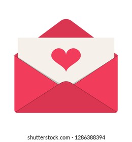 Love letter icon. Pink envelope with red heart on the card. Template design for valentine day, greeting, wedding, celebration. Vector illustration