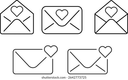 Love Letter icon set. envelope and tiny hearts flying.  Valentine's Day Romance icons. heart sign. wedding invitation symbol
