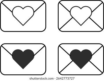 Love Letter icon set. envelope and tiny hearts flying.  Valentine's Day Romance icons. heart sign. wedding invitation symbol
