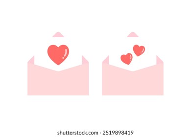 Liebesbrief-Symbolsatz. Offener rosafarbener Umschlag mit roten Herzen. Valentinstag, Romantik, Feste. Flaches Vektordesign, einzelne Illustration.