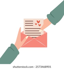 Love letter illustration. People open love letter. Romantic postcard. Receiving gifts. Give present. Anniversary gift.