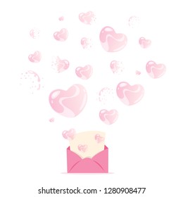 Love letter illustration. Romantic pink hearts fly out of the message. Vector background.