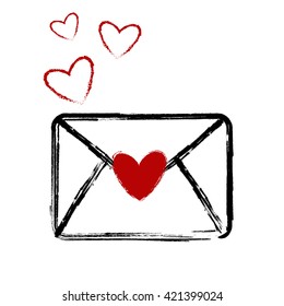 Love Letter ink hand made illustration. Cute ink romantic background with envelope and heart.