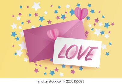 Love letter, invitation card, valentine's day etc on abstract background with text LOVE. Paper craft style illustration vector. EPS 10 vector