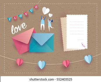 love letter Invitation card Valentine's day abstract background with text love and young joyful,clouds,paper cut pink heart. Vector illustration.