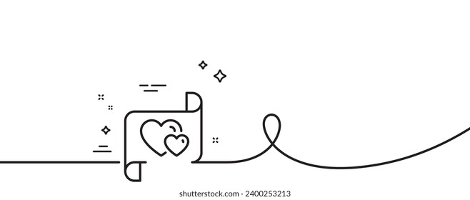 Love letter line icon. Continuous one line with curl. Heart mail sign. Valentine day symbol. Love letter single outline ribbon. Loop curve pattern. Vector