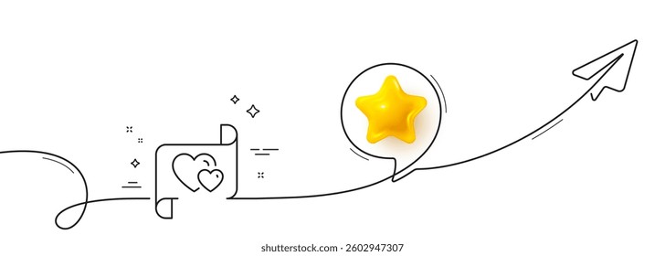 Love letter line icon. Continuous line with share plane. Heart mail sign. Valentine day symbol. 3d star in speech bubble. Love letter single line ribbon. Loop curve pattern. Vector