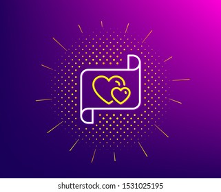 Love letter line icon. Halftone pattern. Heart mail sign. Valentine day symbol. Gradient background. Love letter line icon. Yellow halftone pattern. Vector