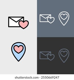 Love letter and love location - clean and modern valentines day icon set.