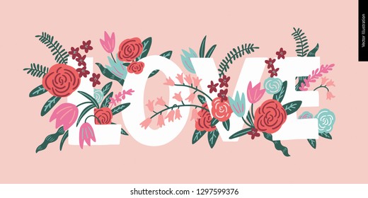 Love letter logo. A set of vector patches, logo, flowers and letter composition. Vector stickers kit.
