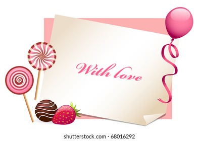 Love letter, with lollipops, balloon, chocolate and strawberry