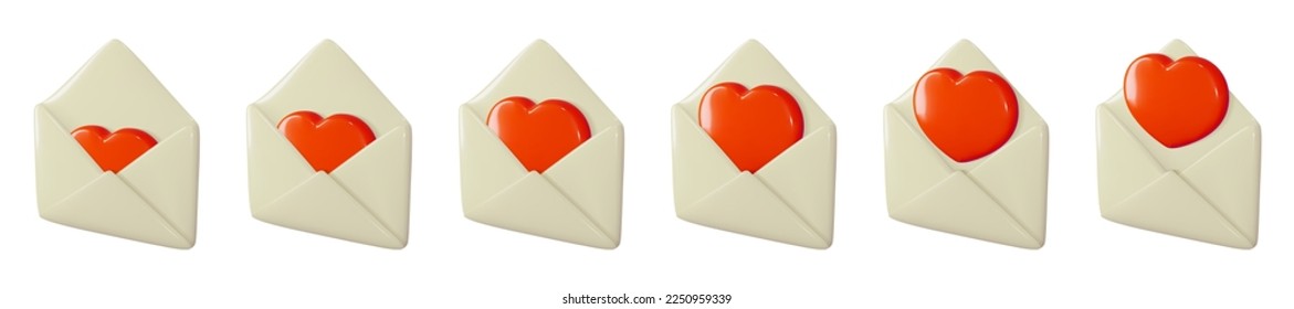 Love letter mail as Valentine or Mother day gift or greeting. 3d red heart card in open paper envelope. Happy birthday present or wedding invitation email icon. Animation template on white background.