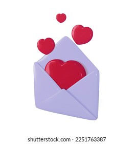 Love letter mail as Valentine or Mother day gift or greeting. 3d red heart card in open paper envelope. Happy birthday present or wedding invitation email icon. Animation template on white background.