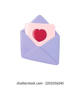 Love letter mail as Valentine or Mother day gift or greeting. 3d red heart card in open paper envelope. Happy birthday present or wedding invitation email icon. Animation template on white background.