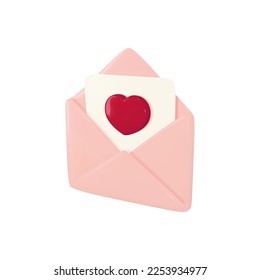 Love letter mail as Valentine or Mother day gift or greeting. 3d red heart card in open paper envelope. Happy birthday present or wedding invitation email icon. Animation template on white background.