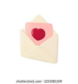 Love letter mail as Valentine or Mother day gift or greeting. 3d red heart card in open paper envelope. Happy birthday present or wedding invitation email icon. Animation template on white background.