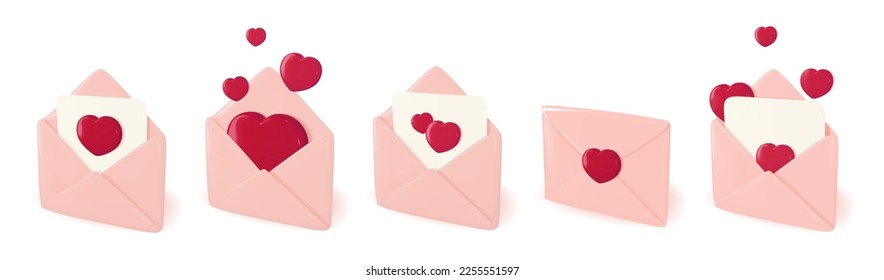 Love letter mail as Valentine or Mother day gift or greeting. 3d red heart card in open paper envelope. Happy birthday present or wedding invitation email icon. Animation template on white background.