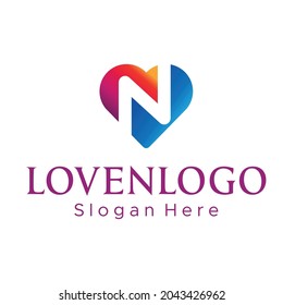 love and letter N negative space logo vector design