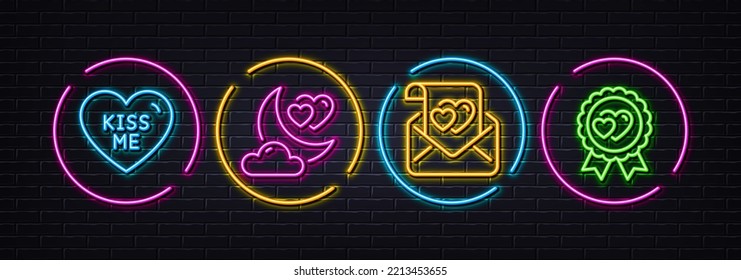 Love letter, Love night and Kiss me minimal line icons. Neon laser 3d lights. For web, application, printing. Valentine mail, Romantic evening, Valentines day. Neon lights buttons. Vector