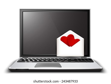 Love letter on the laptop and the shape of the heart.