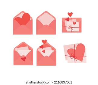 A love letter on Valentine's Day Set. A postal envelope with a declaration of love. Paper mail postcards. Vector isolated colorful element. 